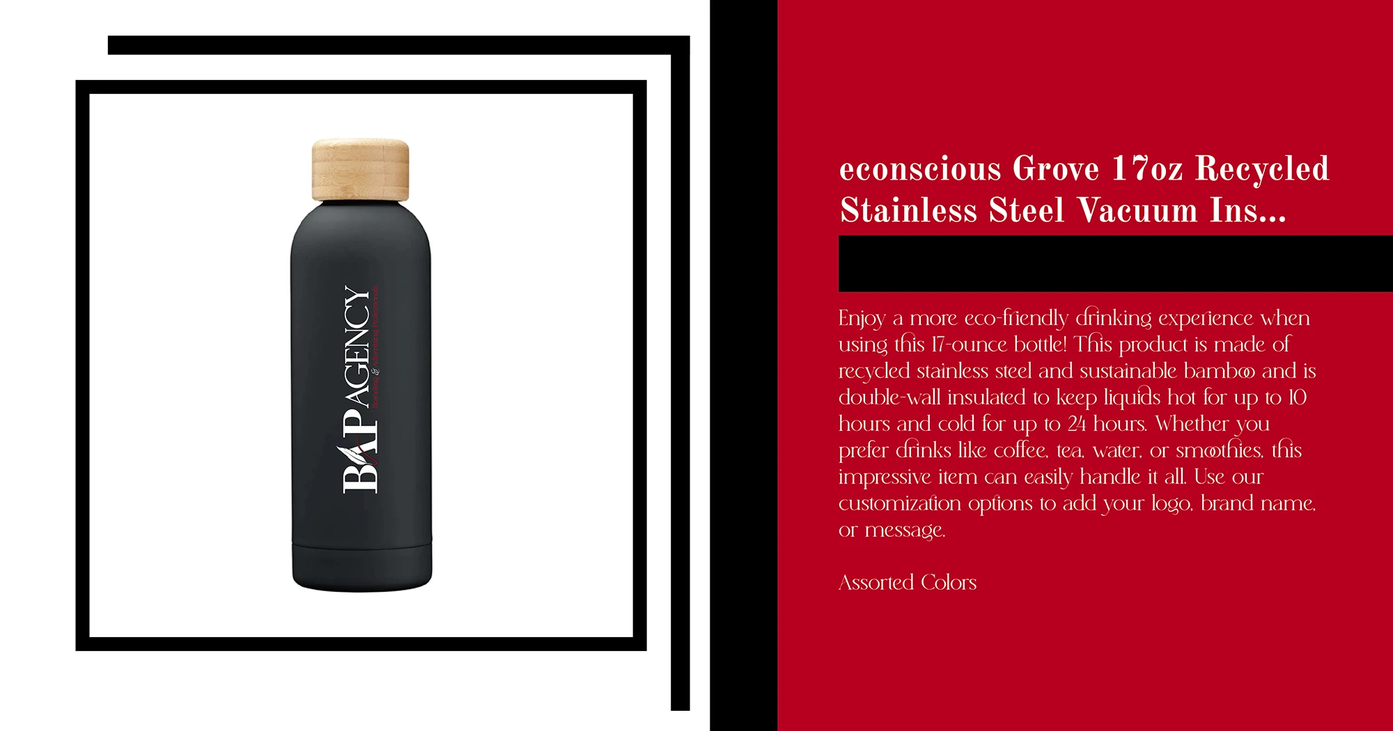 econscious Grove 17 oz. Recycled Stainless Steel Vacuum Insulated Bottle BAP branded black sustainable stainless steel vacuum insulated bottle