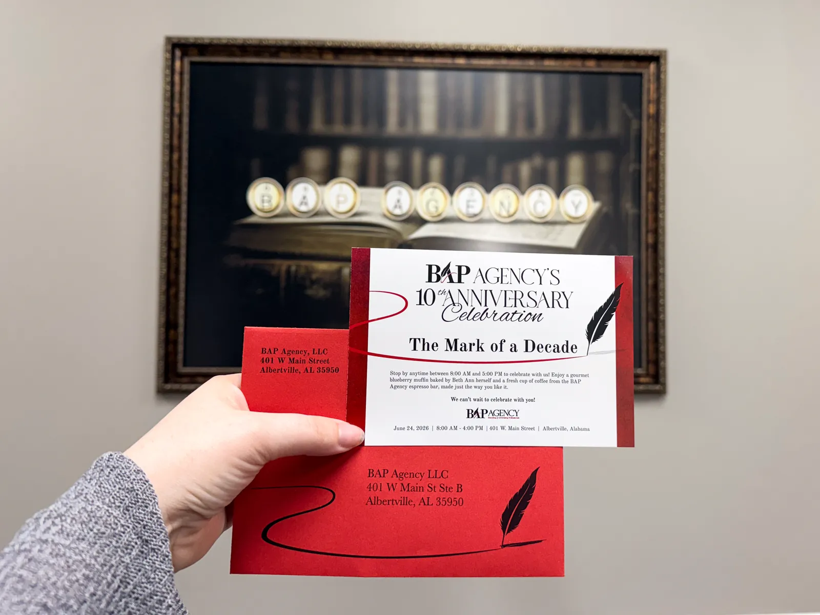 a custom designed invitation and envelope for BAP's 10th Anniversary celebration all printed in-house