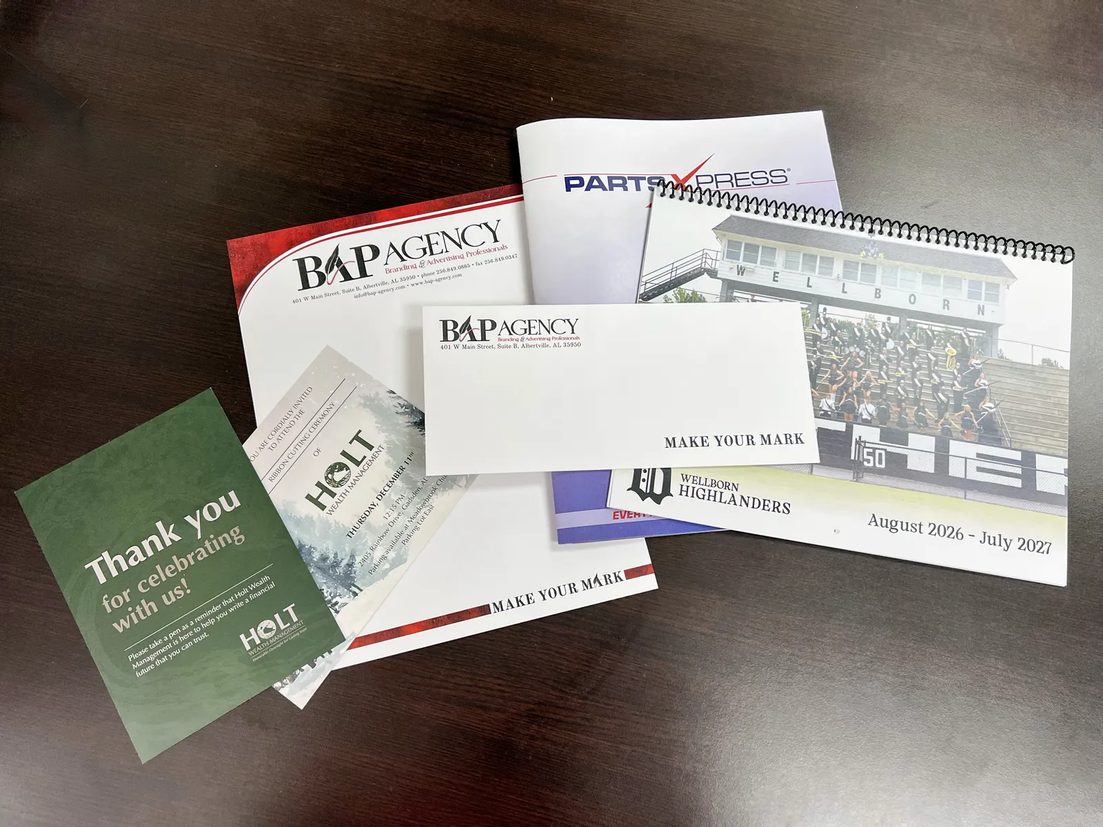 invitations, letterhead, envelopes, catalogs and calendars are all printed in-house by BAP Agency
